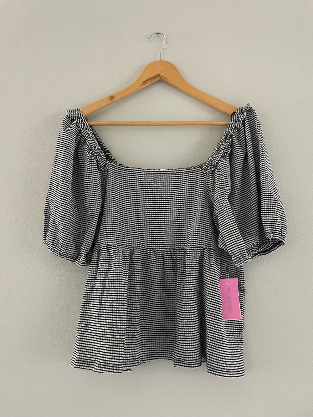 Riley & Rae Black and White Gingham Off-Shoulder Peplum Top